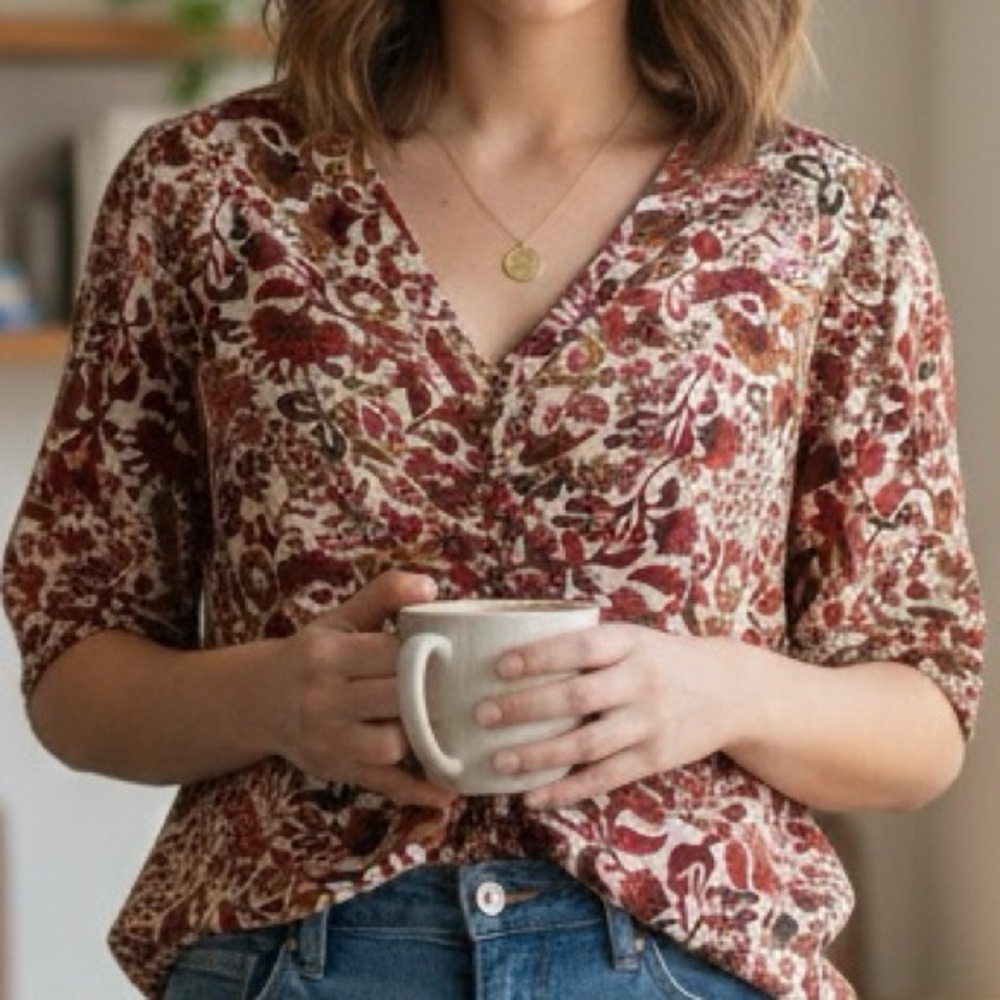 Sam Edelman Red and Brown Floral Blouse